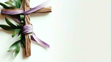 A christian wooden cross crucifix sign with green palm leaves as religious holiday. Palm sunday event concept by AI Generated photo