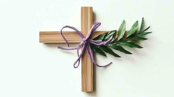 un cristiano de madera cruzar crucifijo firmar con verde palma hojas como religioso día festivo. palma domingo evento concepto por ai generado foto
