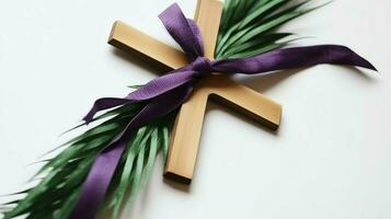 A christian wooden cross crucifix sign with green palm leaves as religious holiday. Palm sunday event concept by AI Generated photo