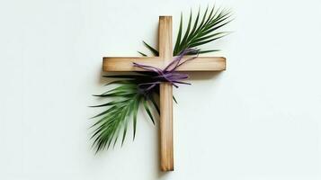 A christian wooden cross crucifix sign with green palm leaves as religious holiday. Palm sunday event concept by AI Generated photo