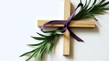 A christian wooden cross crucifix sign with green palm leaves as religious holiday. Palm sunday event concept by AI Generated photo