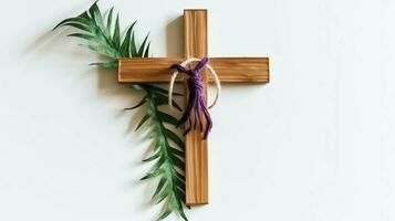 A christian wooden cross crucifix sign with green palm leaves as religious holiday. Palm sunday event concept by AI Generated photo