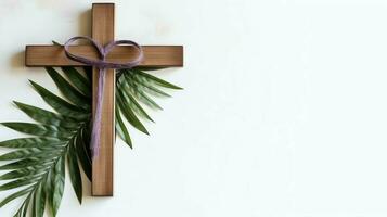 A christian wooden cross crucifix sign with green palm leaves as religious holiday. Palm sunday event concept by AI Generated photo