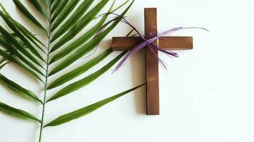 un cristiano de madera cruzar crucifijo firmar con verde palma hojas como religioso día festivo. palma domingo evento concepto por ai generado foto