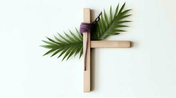 A christian wooden cross crucifix sign with green palm leaves as religious holiday. Palm sunday event concept by AI Generated photo