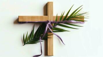 A christian wooden cross crucifix sign with green palm leaves as religious holiday. Palm sunday event concept by AI Generated photo