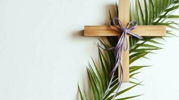A christian wooden cross crucifix sign with green palm leaves as religious holiday. Palm sunday event concept by AI Generated photo