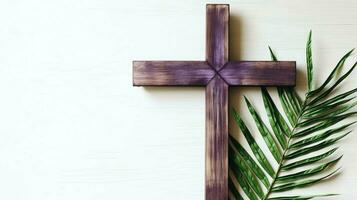 A christian wooden cross crucifix sign with green palm leaves as religious holiday. Palm sunday event concept by AI Generated photo