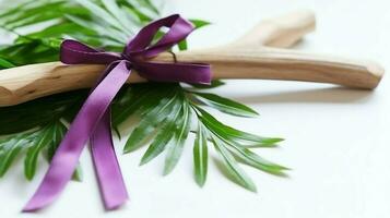 A christian wooden cross crucifix sign with green palm leaves as religious holiday. Palm sunday event concept by AI Generated photo