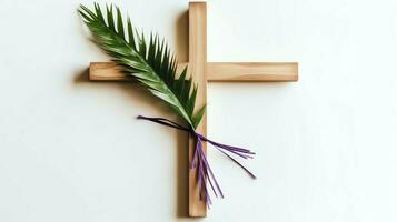 A christian wooden cross crucifix sign with green palm leaves as religious holiday. Palm sunday event concept by AI Generated photo