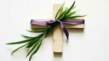 A christian wooden cross crucifix sign with green palm leaves as religious holiday. Palm sunday event concept by AI Generated photo