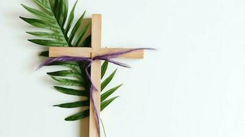 un cristiano de madera cruzar crucifijo firmar con verde palma hojas como religioso día festivo. palma domingo evento concepto por ai generado foto