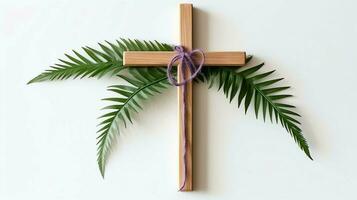 A christian wooden cross crucifix sign with green palm leaves as religious holiday. Palm sunday event concept by AI Generated photo
