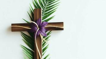 A christian wooden cross crucifix sign with green palm leaves as religious holiday. Palm sunday event concept by AI Generated photo