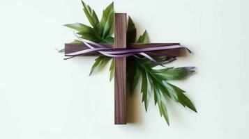 A christian wooden cross crucifix sign with green palm leaves as religious holiday. Palm sunday event concept by AI Generated photo