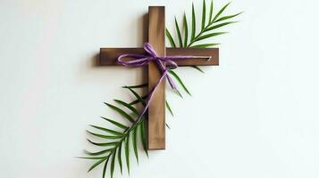 A christian wooden cross crucifix sign with green palm leaves as religious holiday. Palm sunday event concept by AI Generated photo