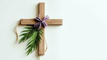 A christian wooden cross crucifix sign with green palm leaves as religious holiday. Palm sunday event concept by AI Generated photo