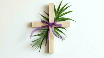 A christian wooden cross crucifix sign with green palm leaves as religious holiday. Palm sunday event concept by AI Generated photo