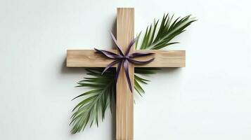 A christian wooden cross crucifix sign with green palm leaves as religious holiday. Palm sunday event concept by AI Generated photo