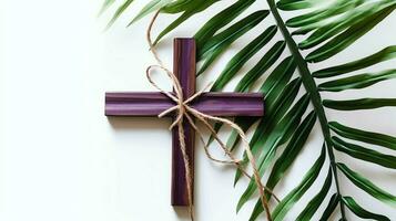 A christian wooden cross crucifix sign with green palm leaves as religious holiday. Palm sunday event concept by AI Generated photo