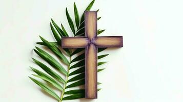 A christian wooden cross crucifix sign with green palm leaves as religious holiday. Palm sunday event concept by AI Generated photo