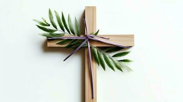 A christian wooden cross crucifix sign with green palm leaves as religious holiday. Palm sunday event concept by AI Generated photo