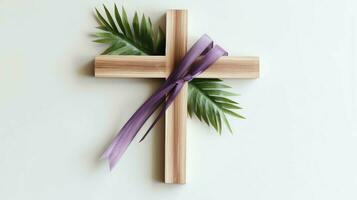 A christian wooden cross crucifix sign with green palm leaves as religious holiday. Palm sunday event concept by AI Generated photo