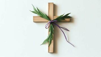 A christian wooden cross crucifix sign with green palm leaves as religious holiday. Palm sunday event concept by AI Generated photo