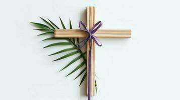 A christian wooden cross crucifix sign with green palm leaves as religious holiday. Palm sunday event concept by AI Generated photo