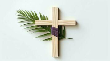 A christian wooden cross crucifix sign with green palm leaves as religious holiday. Palm sunday event concept by AI Generated photo