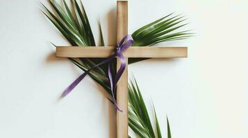 un cristiano de madera cruzar crucifijo firmar con verde palma hojas como religioso día festivo. palma domingo evento concepto por ai generado foto