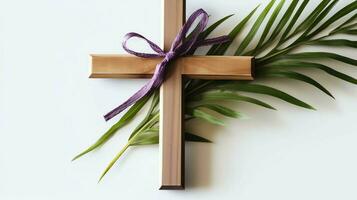 A christian wooden cross crucifix sign with green palm leaves as religious holiday. Palm sunday event concept by AI Generated photo