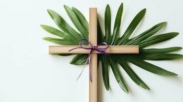 A christian wooden cross crucifix sign with green palm leaves as religious holiday. Palm sunday event concept by AI Generated photo