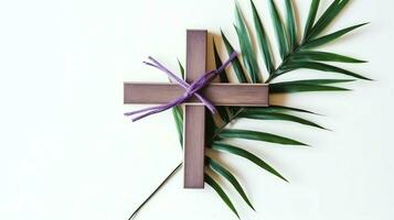 A christian wooden cross crucifix sign with green palm leaves as religious holiday. Palm sunday event concept by AI Generated photo