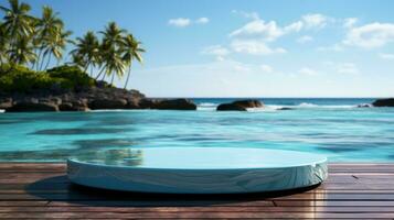 3D render empty luxury podium on blur beach tropical Caribbean  background. photo
