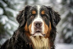Bernese Mountain dog stands on the street under the snow. AI Generated photo