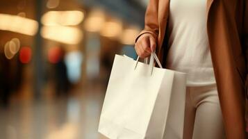 mujer mano sostener compras bolso con difuminar compras centro comercial antecedentes. generativo ai foto