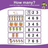 Mathematic activity page. Count the image and circle the correct answer. Educational printable math. Printable worksheet for preschool vector