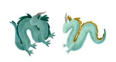 Set of green dragons with horn, paws and ears of fairy tales. Scary creatures, chinese green new year character, characters for games. Cartoon style illustration. Isolated on white background vector