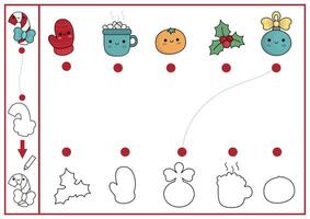 Christmas shape matching, coloring and drawing activity. Winter holiday puzzle with cute kawaii mitten, orange. Find correct silhouette printable worksheet. New Year page for kids vector