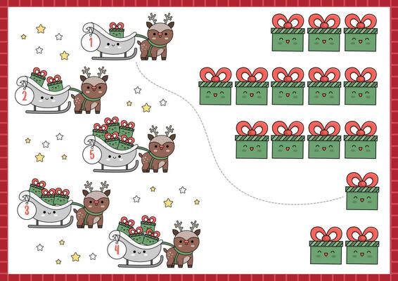 Christmas matching game with cute kawaii deer, sledge, presents. Winter holiday math activity for preschool kids. Educational printable New Year counting worksheet with cartoon characters
