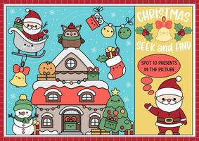 Vector Christmas searching game with decorated house and kawaii characters. Spot hidden presents in the picture. Simple winter holiday seek and find page or New Year printable activity