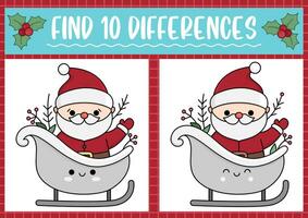 Christmas find differences game for children. Attention skills activity with cute Santa Claus on sledge. New Year puzzle for kids with funny characters. Printable what is different worksheet vector