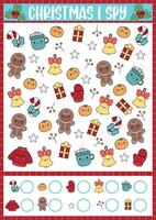 Christmas I spy game for kids. Searching and counting activity with cute kawaii holiday symbols. Winter printable worksheet for preschool children. Simple New Year spotting puzzle with gingerbread vector