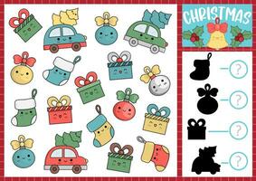 Christmas I spy and shadow match game for kids. Searching and counting activity with cute kawaii winter holiday symbols. New Year printable worksheet for preschool children vector