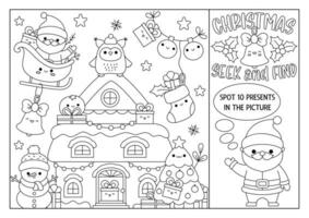 Vector Christmas black and white searching line game with decorated house and kawaii characters. Spot hidden presents in the picture. Simple winter holiday seek and find coloring page