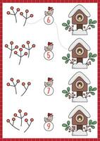 Christmas matching game with cute kawaii bird and birdhouse. Winter holiday math activity for preschool kids. Educational printable New Year counting worksheet with cartoon characters vector