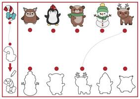 Christmas shape matching, coloring and drawing activity. Winter holiday puzzle with cute kawaii snowman, penguin. Find correct silhouette printable worksheet. New Year page for kids vector