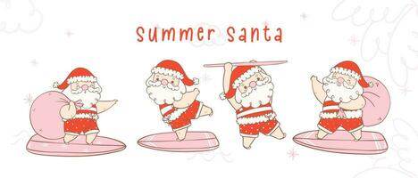 linda verano Navidad Papa Noel claus con tabla de surf recopilación, kawaii verano Navidad fiesta dibujos animados garabatear mano dibujo bandera vector