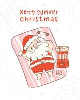 Cute summer christmas santa claus sunbathing. Kawaii Summer Christmas Holiday Cartoon doodle. Merry Summer Christmas vector